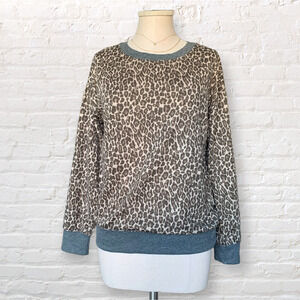 SPLENDID Fleece Sweater Leopard Print Yellow Cozy Gray Casual Relaxed Fit Small